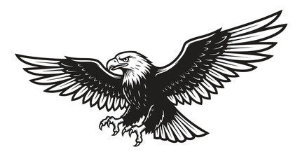 Bald eagle soaring in air monochrome illustration. Isolated, vector of eagle engraving style