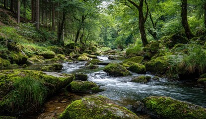 Lush forest stream, moss-covered rocks (1)