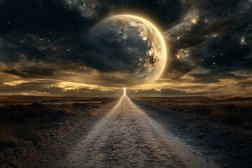Magical road leads through a cosmic landscape toward distant planets in a starry night sky
