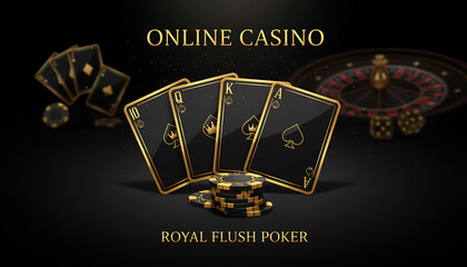 black casino gold playing cards with royal flush poker and casino chips online golden gambling and concept 3d rendering 50439636 1