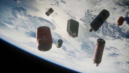 Various containers and debris are seen drifting in low Earth orbit against the backdrop of Earth. This captures the concern surrounding space pollution and its impact on future missions. © icetray