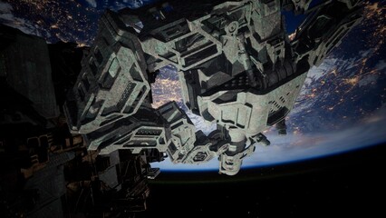 A massive spacecraft hovers above Earth, showcasing a blend of metallic textures and intricate details.