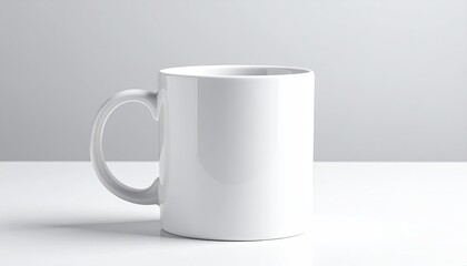 Obraz premium White Ceramic Mug Mockup on White Table with Gray Background Minimalist Still Life Photography Studio Lighting for Product Presentation Template 150 Characters