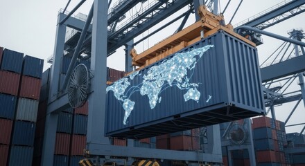 Global shipping container with world map overlay being lifted by a crane at a port