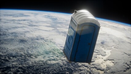 A blue portable restroom drifts silently in the emptiness of space, its unique form contrasting against the glowing blue planet below, illuminated by distant sunlight and cloud patterns. © icetray
