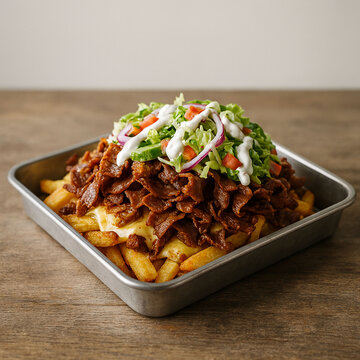 a Dutch dish called patatje kapsalon &mdash; crispy fries layered with d&ouml;ner kebab meat, melted cheese, fresh salad, and garlic sauce &mdash; served in a modern square metal tray on a rustic wooden table.