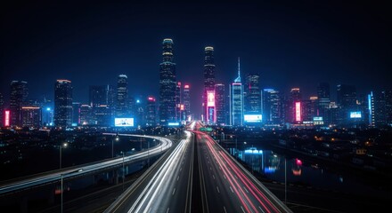 Night cityscape panorama of a metropolis.  Brightly lit skyscrapers line a highway with streaks of light from moving vehicles.  Urban scene at night