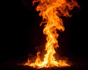 A powerful pillar of fire with intense orange flames and smoke rises from the ground, isolated against a solid black background, symbolizing energy and power.