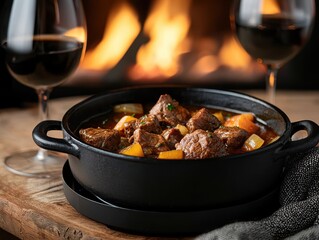 A cozy meal of tender beef stew served in a cast-iron pot, accompanied by glasses of red wine, set against a warm, glowing fireplace backdrop.