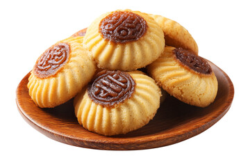 Fototapeta premium Traditional Maamoul cookies, one halved showing date and nut filling, isolated on white transparent background, concept of Arabic festive desserts