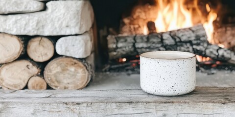 A cozy scene featuring a speckled white bowl placed on a wooden surface, with a fireplace and stacked logs in the background.