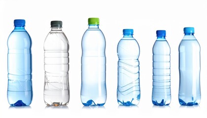 A collection of different plastic water bottles lined up, showcasing diverse designs and recycling themes.