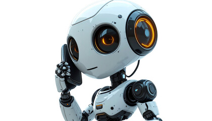 A cute AI robot character attending a phone call isolated on transparent background