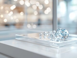 A sparkling diamond rests on a clear display, surrounded by smaller gems, with a blurred, soft-focus background enhancing its brilliance.