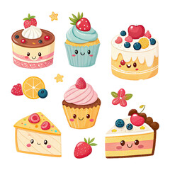 Cute cartoon dessert stickers featuring smiling cakes, cupcakes, and fruits with cheerful expressions. colorful designs include strawberries, cherries, and citrus elements, adding playful touch