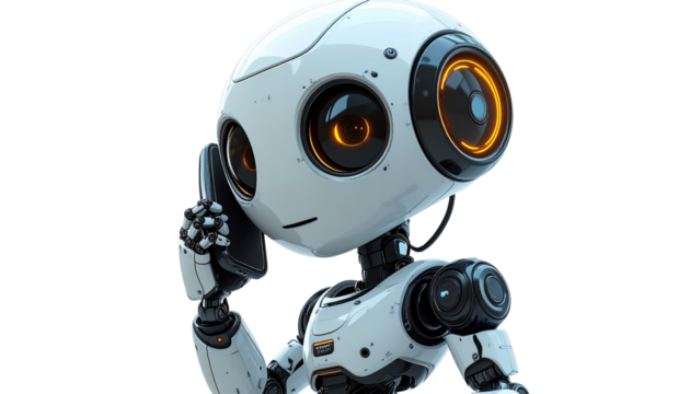 A cute AI robot character attending a phone call isolated on transparent background
