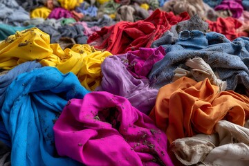 Colorful pile of dirty clothes in various fabrics and textures