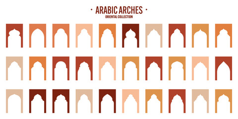 Islamic frames, oriental style objects. Arabic shapes, windows and arches. Traditional ornamental banner, frame. Muslim holidays, Ramadan Kareem. Modern eastern architecture. Vector illustration
