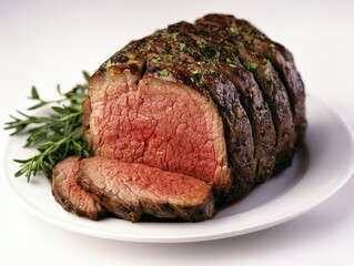 A beautifully cooked roast beef, perfectly sliced, garnished with herbs, showcasing its juicy, tender interior on a white plate.