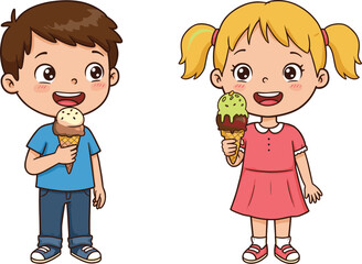 Cartoon children enjoying ice cream, happy boy and girl illustration, summer treat, colorful dessert moment, cheerful kids, sweet snack fun