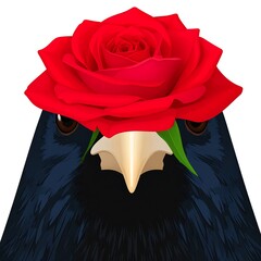 A crow with a red rose