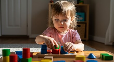 Focused little girl engaged in educational play with colorful wooden blocks