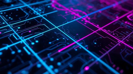 Abstract digital circuit board with glowing blue and pink lines representing data flow and connectivity.