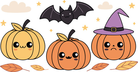 A set of vector cartoon pumpkins with autumn leaves for Thanksgiving, Halloween, and fall harvest holidays