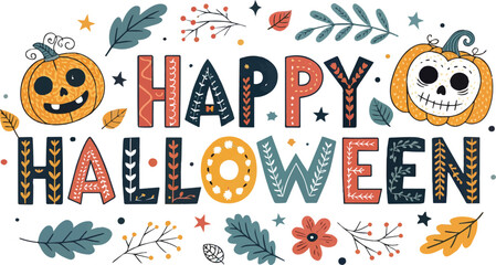 A colorful vector illustration set of Halloween pumpkin and holiday elements for seamless wallpaper and party design