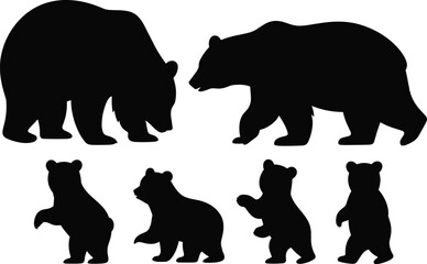 Bear family silhouette, mother and cubs, wild animal figures, nature concept, black bear shapes, wildlife vector, forest animals, walking bears, standing cubs