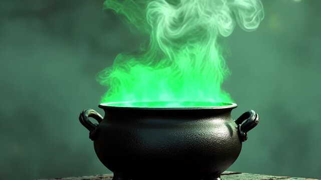 Cauldron with green glowing potion isolated on a dark foggy background