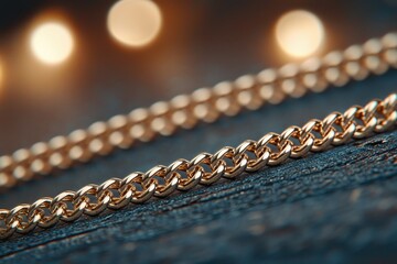 A close-up of a shiny gold chain on a textured surface, with soft, blurred lights in the background creating a warm atmosphere.