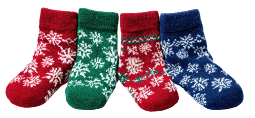 Four Christmas socks, red, green, and blue, patterned with snowflakes