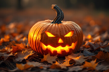ia generated. Halloween Decorations. Close-up of carved jack-o’-lantern glowing inside with warm light, surrounded by fallen autumn leaves
