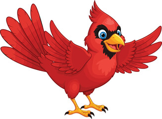 Beautiful red cardinal cartoon, colorful bird illustration, exotic flying bird artwork, cute animal drawing, happy feathered songbird character, wildlife nature design