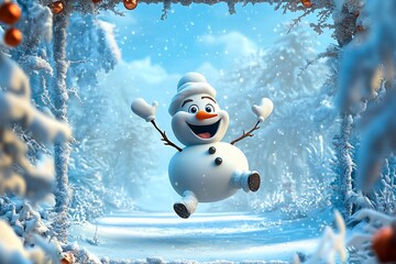 Cartoon snowman with exaggerated features joyfully hopping in a snowy winter landscape