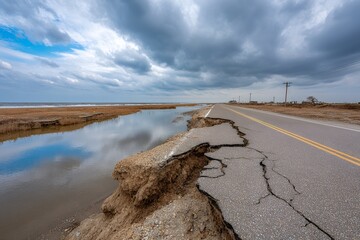 Coastal road erosion under stormy sky by the beach