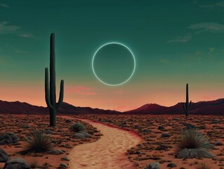 A serene desert landscape with cacti and a glowing moonlit path.