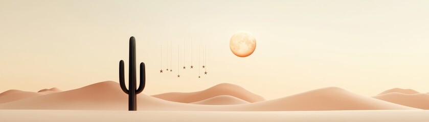 A serene desert scene featuring a solitary cactus under a warm sun.