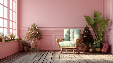 A pastel pink room with a chair christmas trees and indoor plants