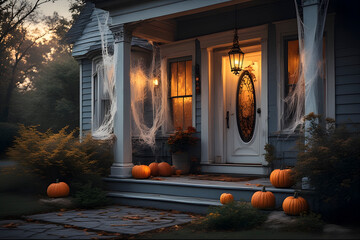 ia generated. Halloween Decorations. Victorian-style front porch decorated with spider webs, pumpkins, and hanging lanterns, cinematic evening light
