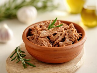 A bowl of shredded beef with herbs, beautifully presented, alongside garlic and olive oil, creating a delicious and aromatic culinary scene.
