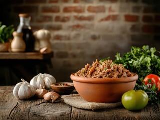 A rustic setting featuring a bowl of flavorful meat dish surrounded by fresh ingredients like garlic, herbs, and tomatoes, evoking a warm culinary atmosphere.