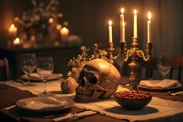 ia generated. Halloween Decorations. Table centerpiece with skull, candelabra, and candy bowl, warm candlelight