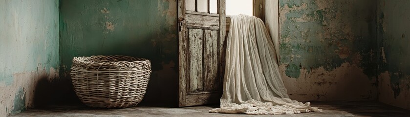 A serene interior scene featuring a draped cloth beside a rustic basket and weathered door.