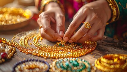 Artisan crafting intricate gold jewelry with delicate hands, showcasing traditional craftsmanship and attention to detail.