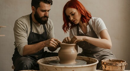 A man and a woman potter are crafting pottery wheel. Learning handcrafts and artistic pottery. Couple hobby and creative lifestyle.
