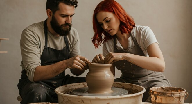A man and a woman potter are crafting pottery wheel. Learning handcrafts and artistic pottery. Couple hobby and creative lifestyle.