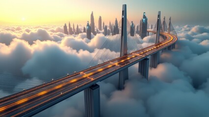 Fototapeta premium Bridge above clouds leading to futuristic cityscape