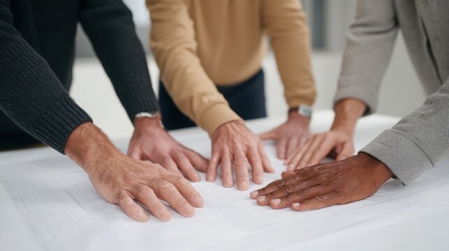 Collaboration on architectural plans with diverse hands engaged in discussion. Cross Cultural Business